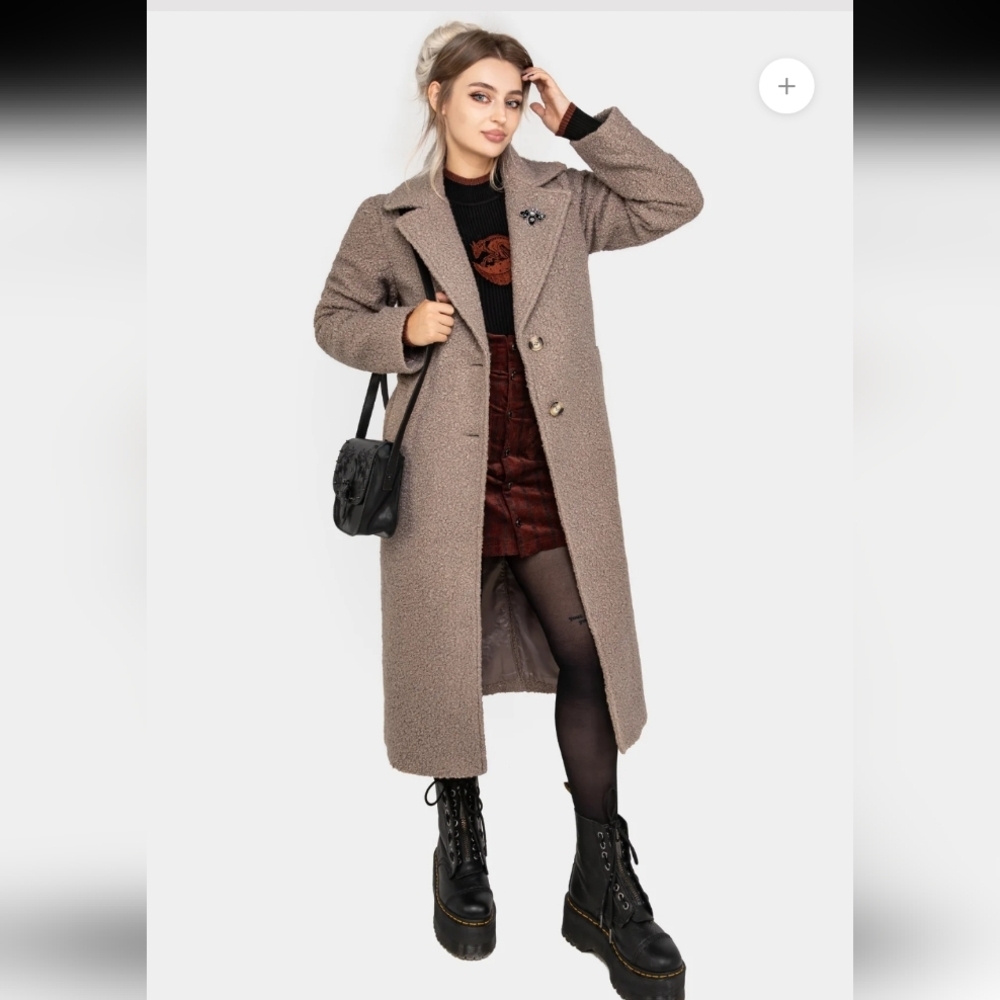 Brand New Disturbia Gorgon Bouclé Longline Oversized Coat with Bee Brooch -Taupe
